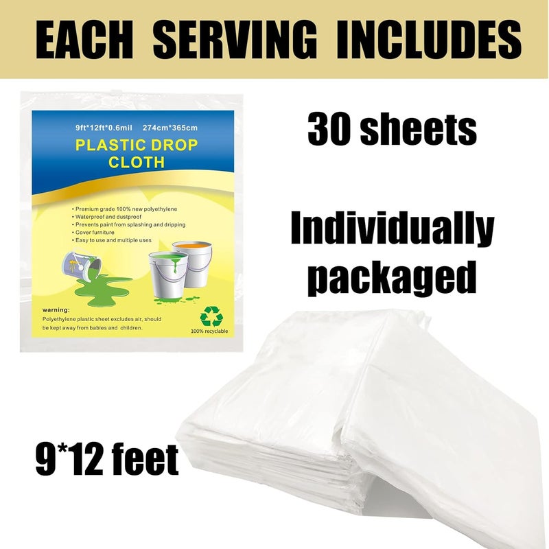 Cedolio 30 Pieces Plastic Drop Sheets for Painting, Waterproof and Dust-Proof Clear Cloth for Furniture Cover, 9x12 Feet Tarps - Image 2